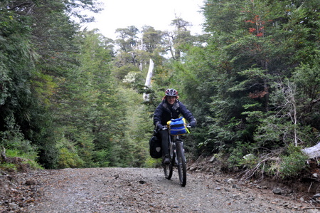 Judit riding down to Liquiñe