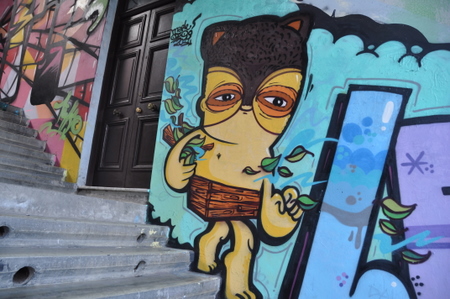Wall painting: character high walking down the stairs